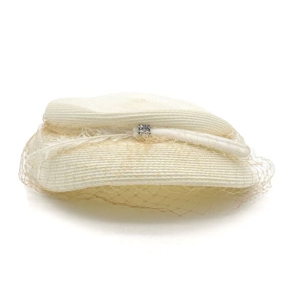 Vintage 1950s Ivory Cream Straw Pillbox Hat Netted Veil Midcentury Fascinator - Picture 7 of 12
